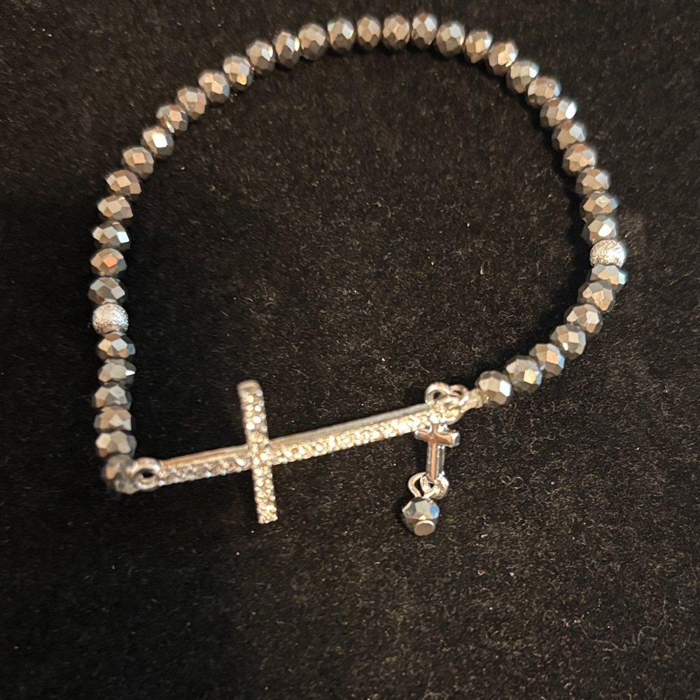 Silver Cross Beaded Stretch Bracelet - Women's Fashion Jewelry